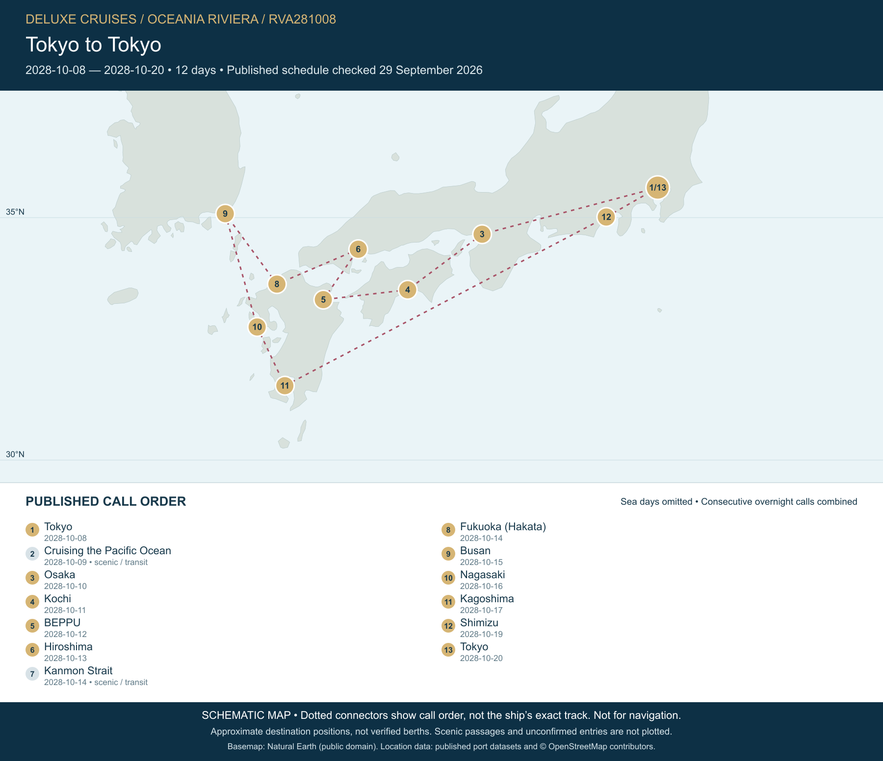 Schematic route map for Oceania Riviera Voyage RVA281008: Tokyo to Tokyo, October 8 2028 – October 20 2028