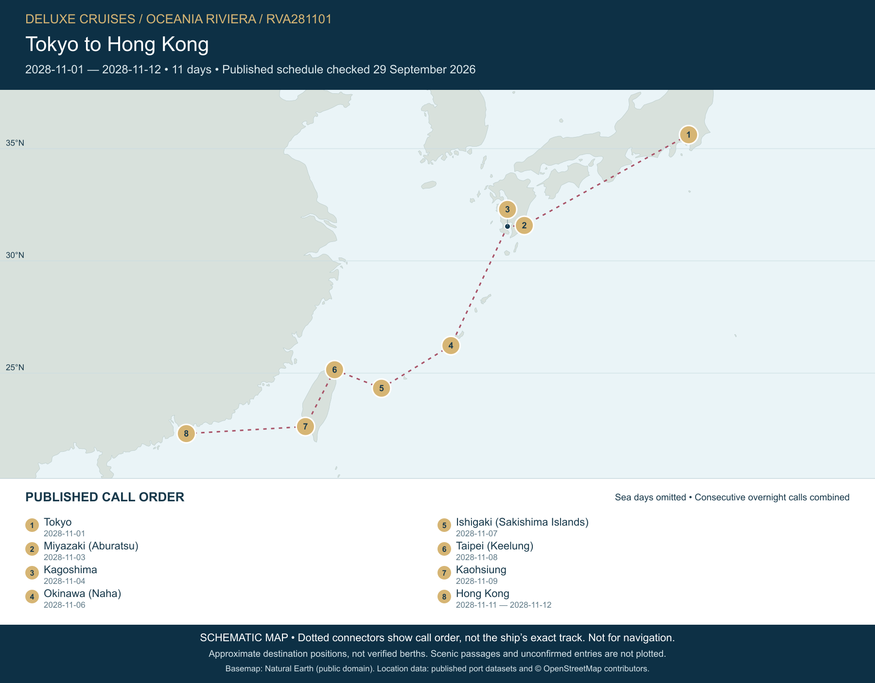 Schematic route map for Oceania Riviera Voyage RVA281101: Tokyo to Hong Kong, November 1 2028 – November 12 2028