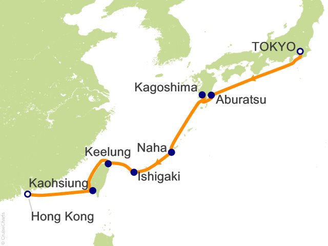 Itinerary map for Oceania Riviera voyage RVA281101