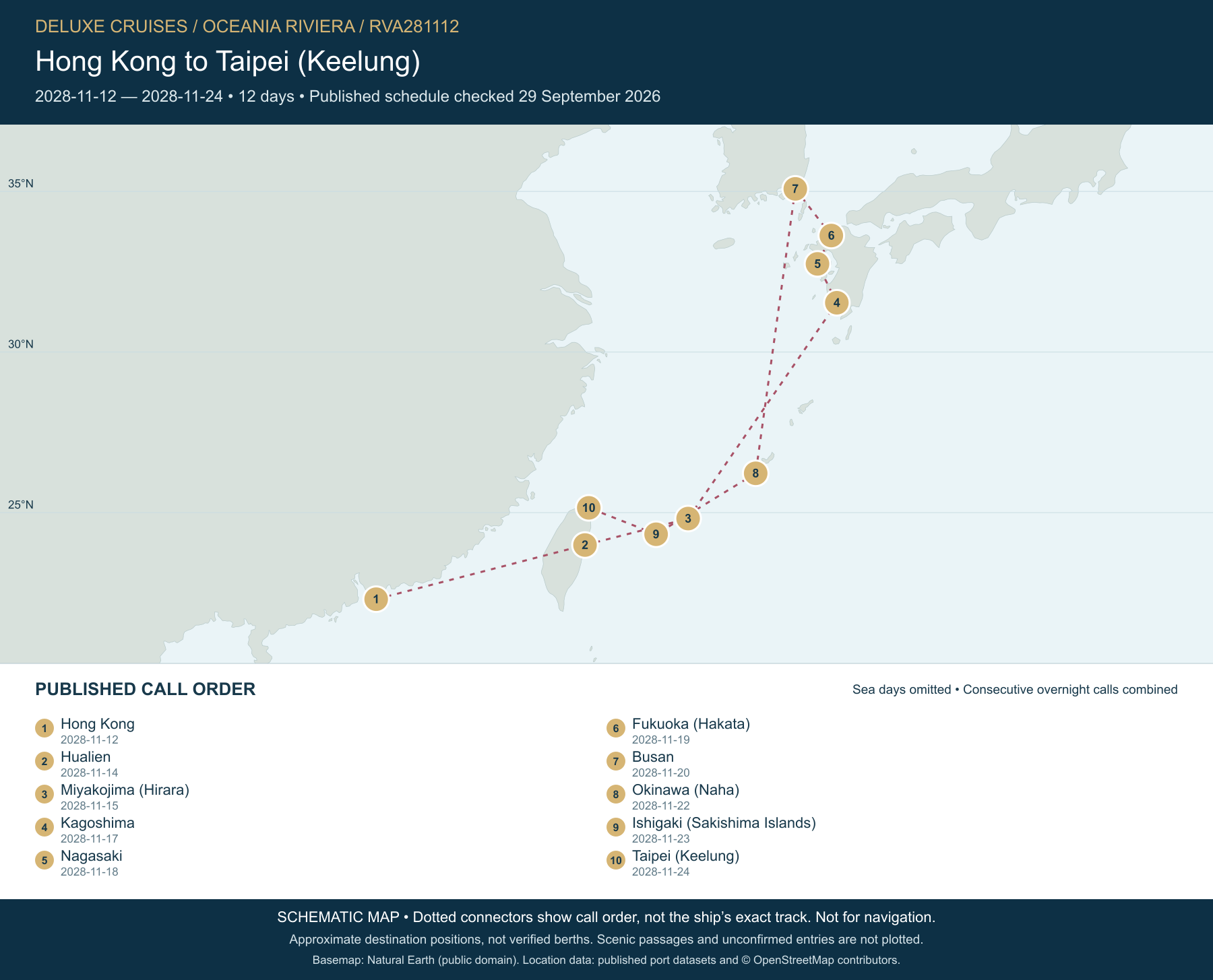 Schematic route map for Oceania Riviera Voyage RVA281112: Hong Kong to Taipei (Keelung), November 12 2028 – November 24 2028