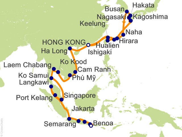 Itinerary map for Oceania Riviera voyage RVA281112B