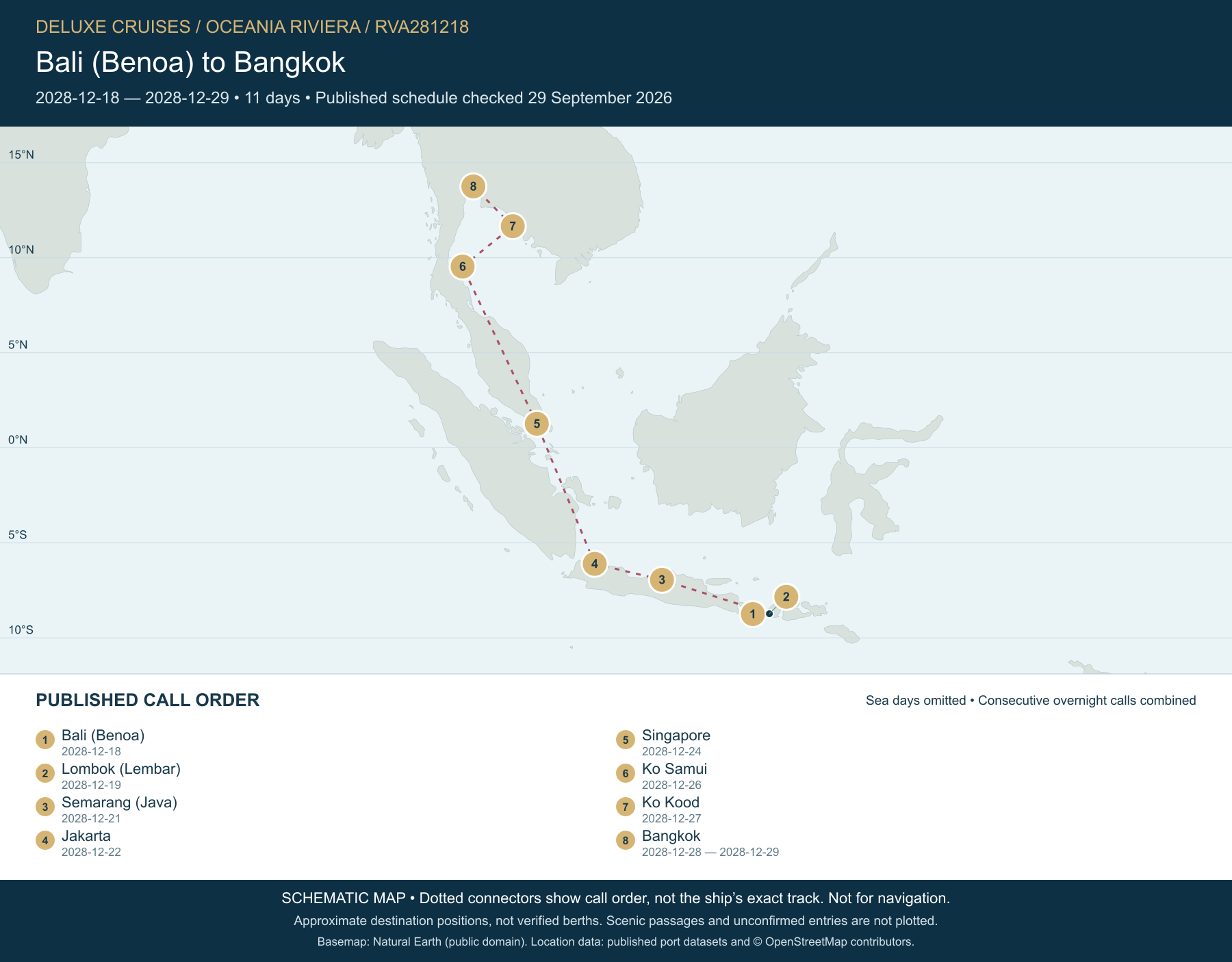 Schematic route map for Oceania Riviera Voyage RVA281218: Bali (Benoa) to Bangkok, December 18 2028 – December 29 2028