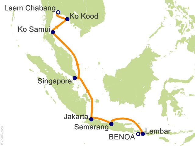 Itinerary map for Oceania Riviera voyage RVA281218