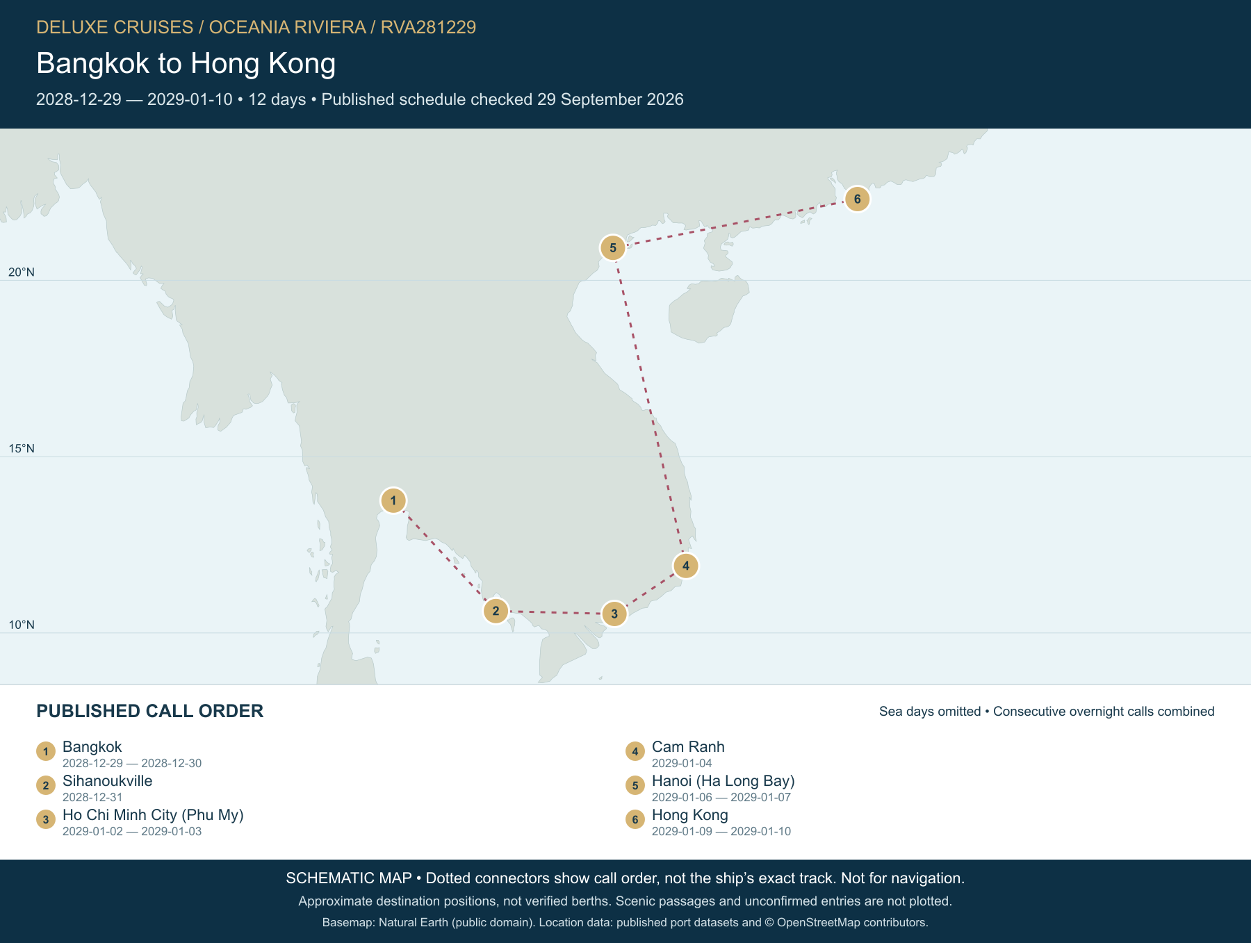 Schematic route map for Oceania Riviera Voyage RVA281229: Bangkok to Hong Kong, December 29 2028 – January 10 2029