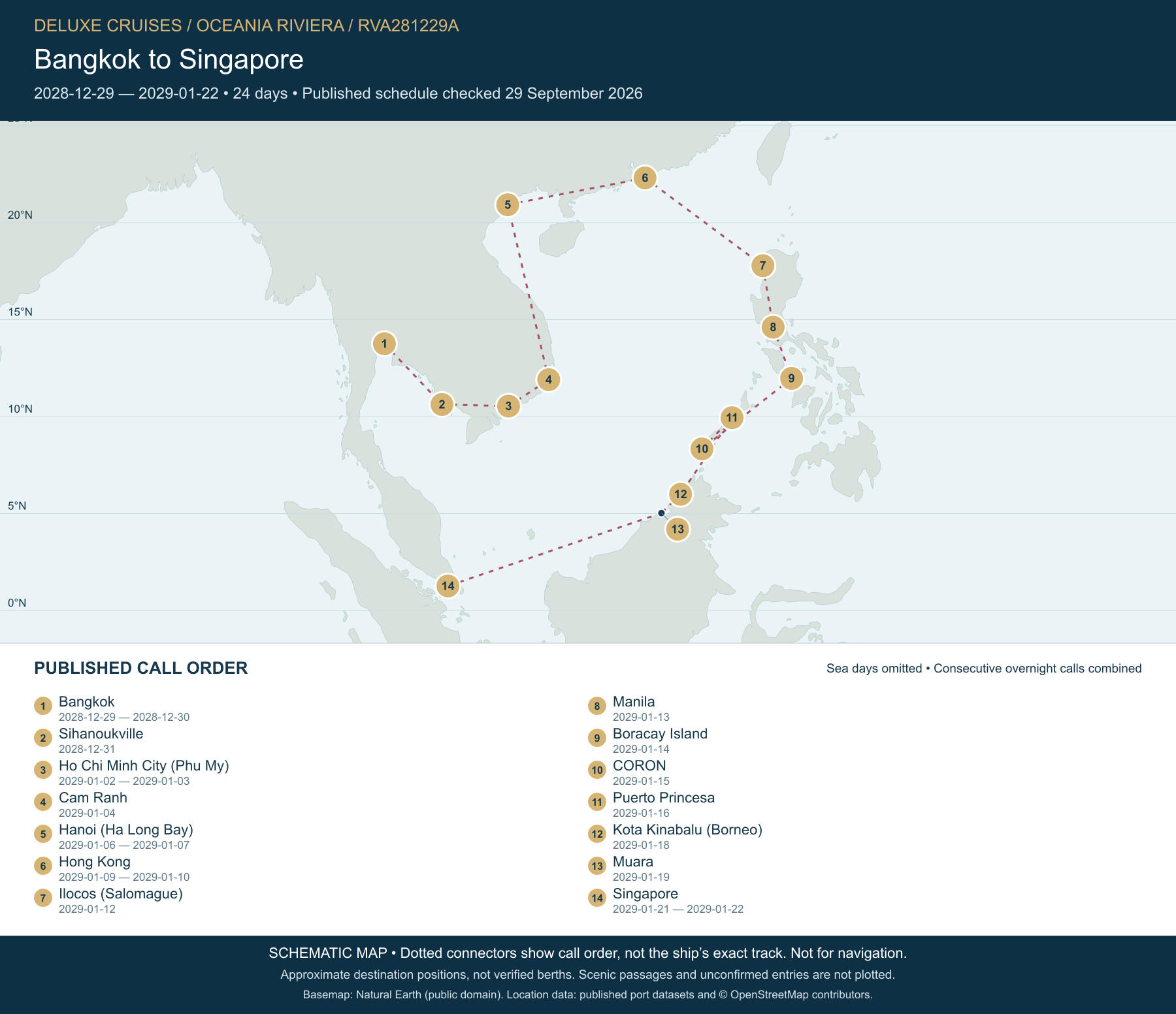 Schematic route map for Oceania Riviera Voyage RVA281229A: Bangkok to Singapore, December 29 2028 – January 22 2029