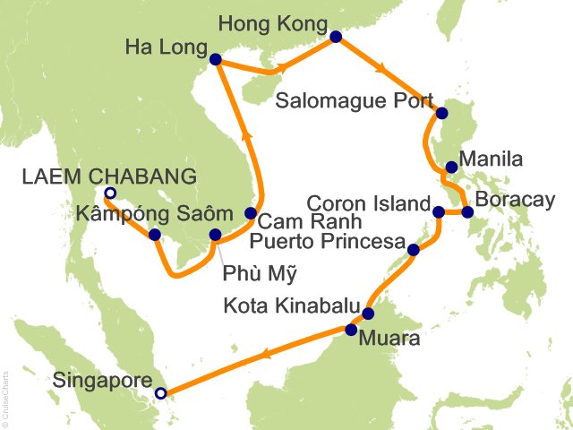 Itinerary map for Oceania Riviera voyage RVA281229A