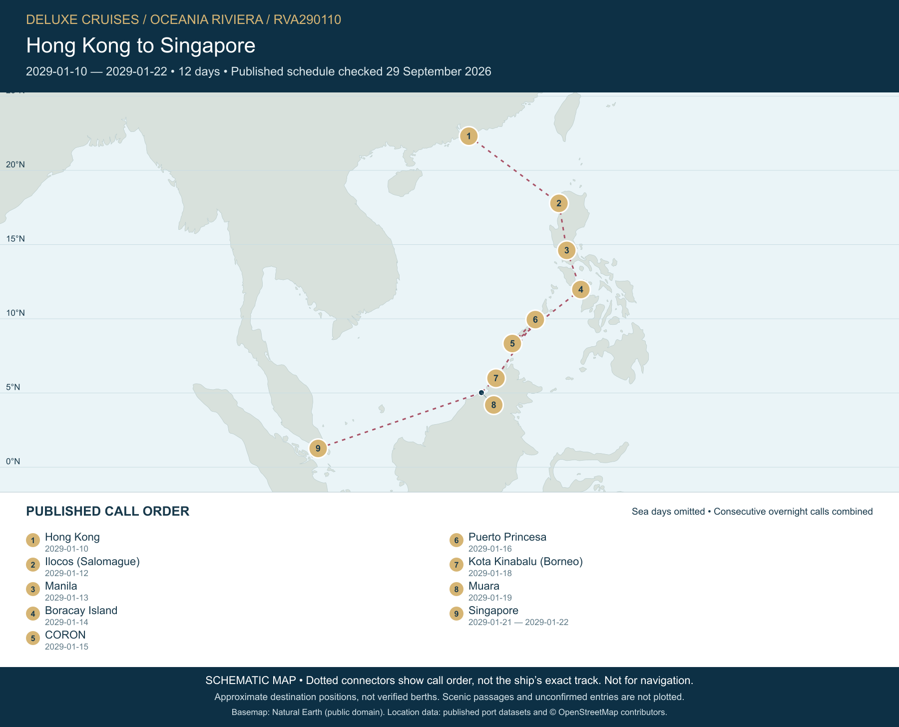 Schematic route map for Oceania Riviera Voyage RVA290110: Hong Kong to Singapore, January 10 2029 – January 22 2029