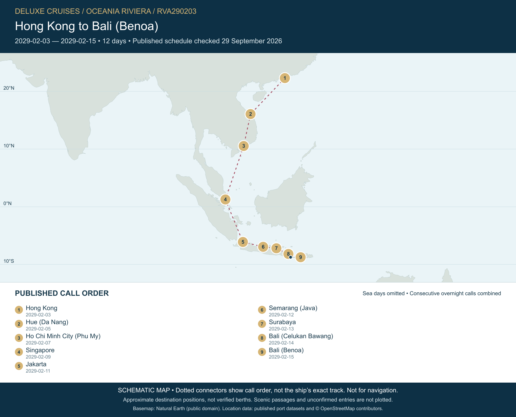 Schematic route map for Oceania Riviera Voyage RVA290203: Hong Kong to Bali (Benoa), February 3 2029 – February 15 2029