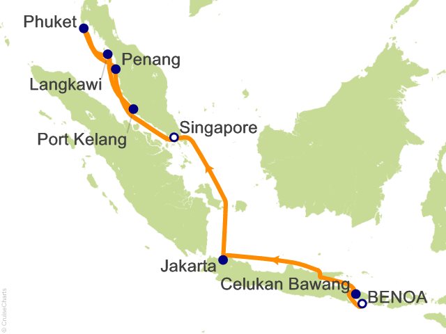 Itinerary map for Oceania Riviera voyage RVA290215