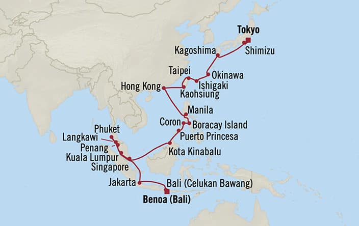 Itinerary map for Oceania Riviera voyage RVA290215B