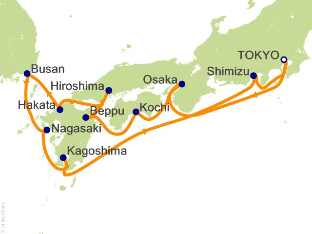 Itinerary map for Oceania Riviera voyage RVA290320