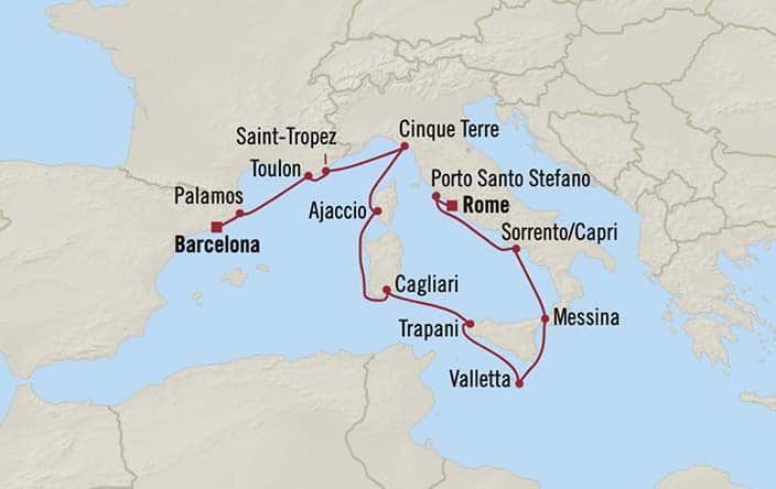 Itinerary Map for Oceania Cruises Sirena Voyage ID SIR260930