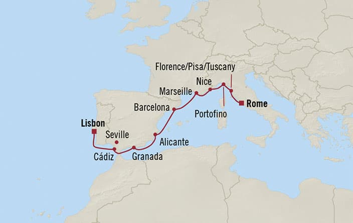 Itinerary Map for Oceania Cruises Sirena Voyage ID SIR270104