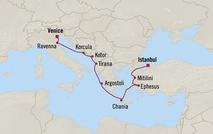Itinerary Map for Oceania Cruises Sirena Voyage ID SIR270728
