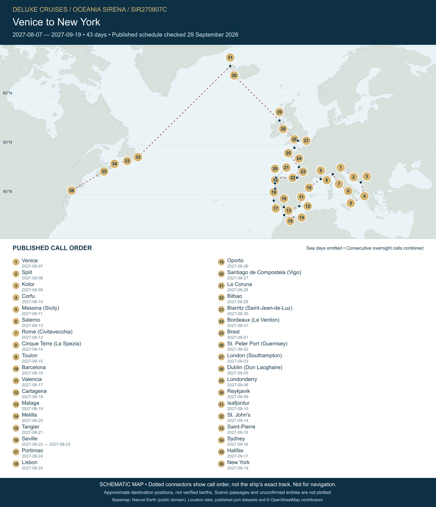 Schematic route map for Oceania Sirena Voyage SIR270807C: Venice to New York, August 7 2027 – September 19 2027
