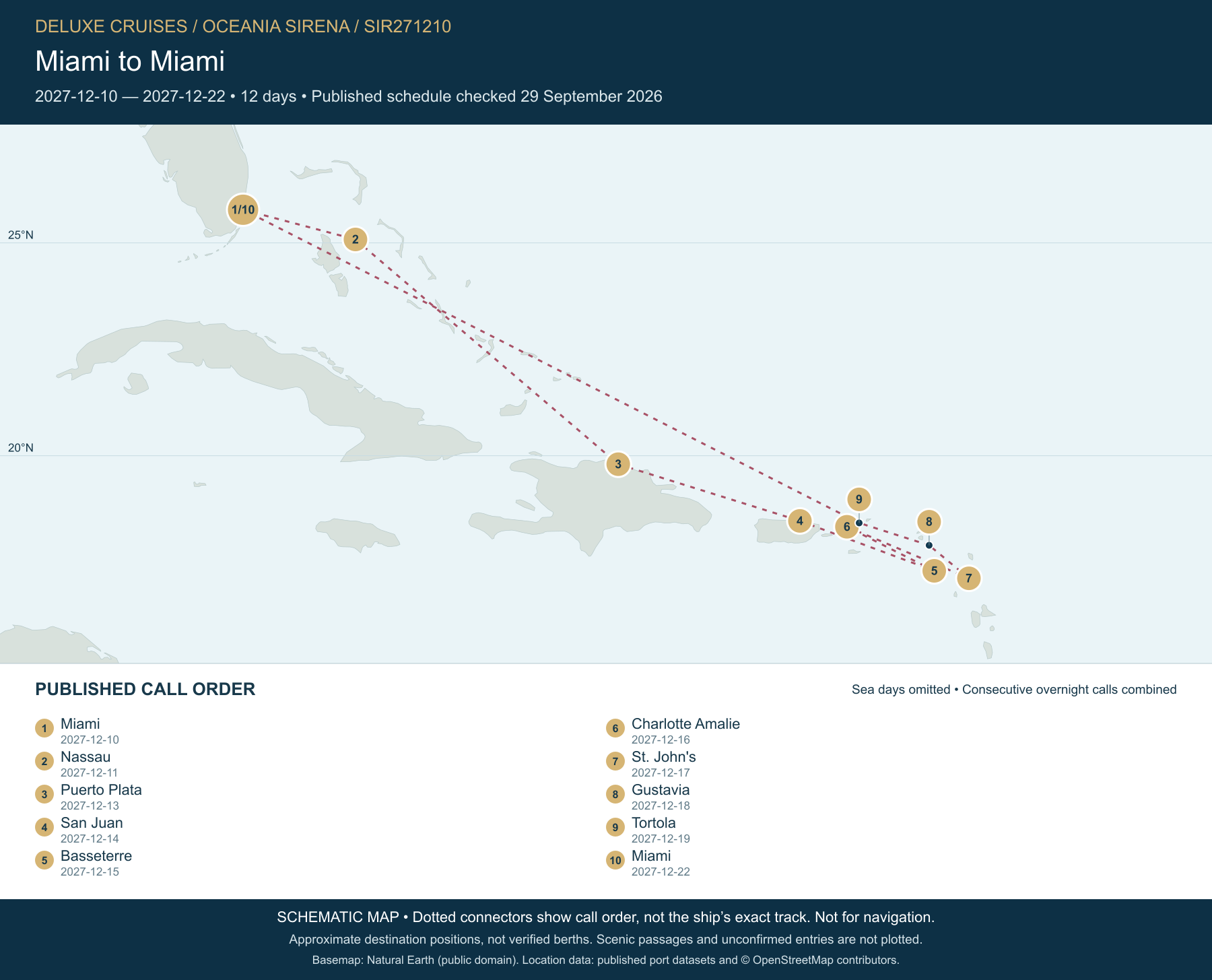 Schematic route map for Oceania Sirena Voyage SIR271210: Miami to Miami, December 10 2027 – December 22 2027