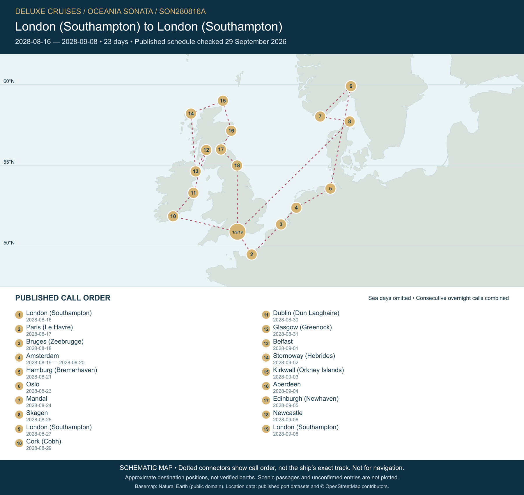 Schematic route map for Oceania Sonata Voyage SON280816A: London (Southampton) to London (Southampton), August 16 2028 – September 8 2028