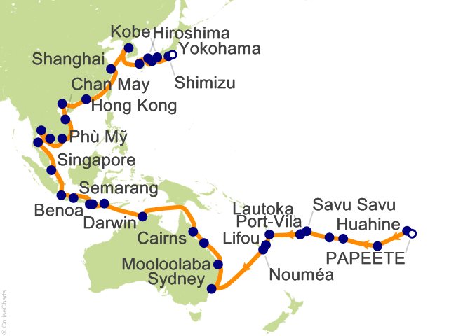 Itinerary Map for Oceania Cruises Voyage ID VIS270208C