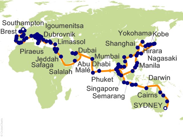 Itinerary Map for Oceania Cruises Voyage ID VIS270226H