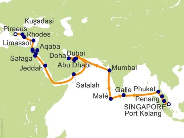 Itinerary Map for Oceania Cruises Voyage ID VIS270425A