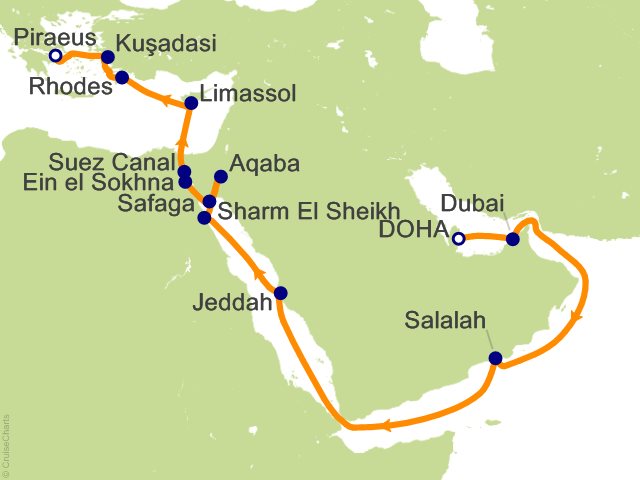 Itinerary Map for Oceania Cruises Voyage ID VIS270513