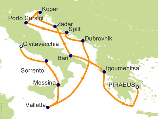 Itinerary Map for Oceania Cruises Voyage ID VIS270602