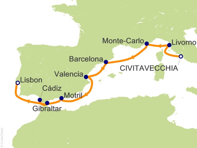 Itinerary Map for Oceania Cruises Voyage ID VIS270615