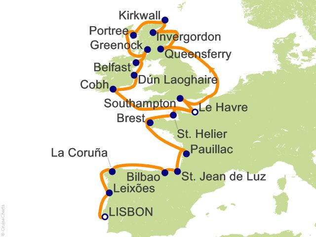 Itinerary Map for Oceania Cruises Voyage ID VIS270624A