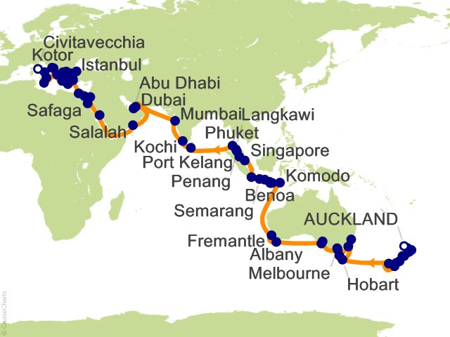 Itinerary Map for Oceania Cruises Voyage ID VIS280104F