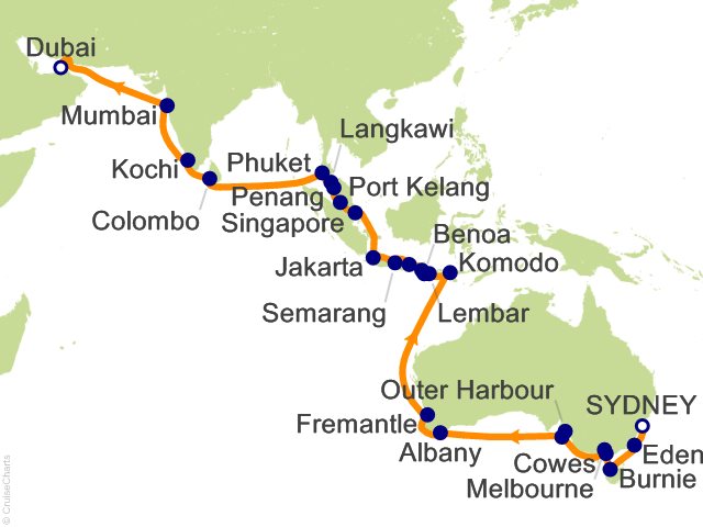 Itinerary Map for Oceania Cruises Voyage ID VIS280118B
