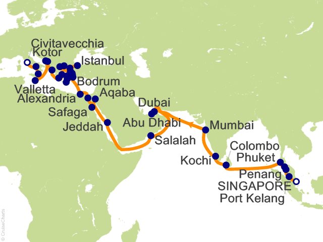 Itinerary Map for Oceania Cruises Voyage ID VIS280214C