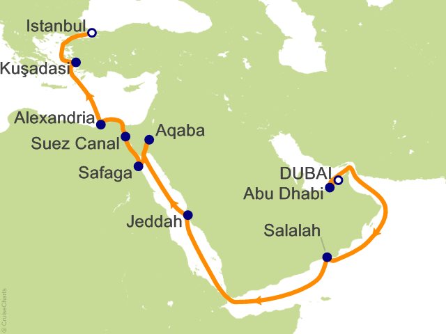 Itinerary Map for Oceania Cruises Voyage ID VIS280302