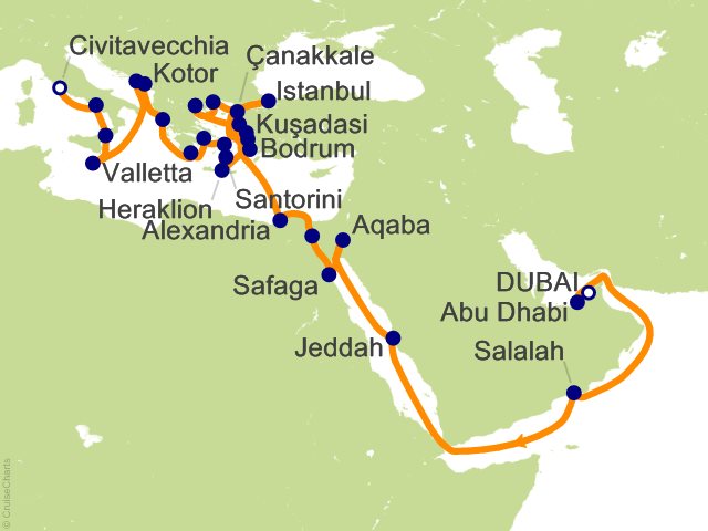 Itinerary Map for Oceania Cruises Voyage ID VIS280302B