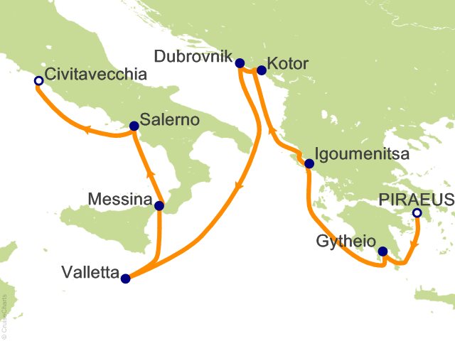Itinerary Map for Oceania Cruises Voyage ID VIS280331