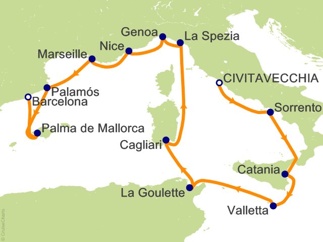 Itinerary Map for Oceania Cruises Voyage ID VIS280423