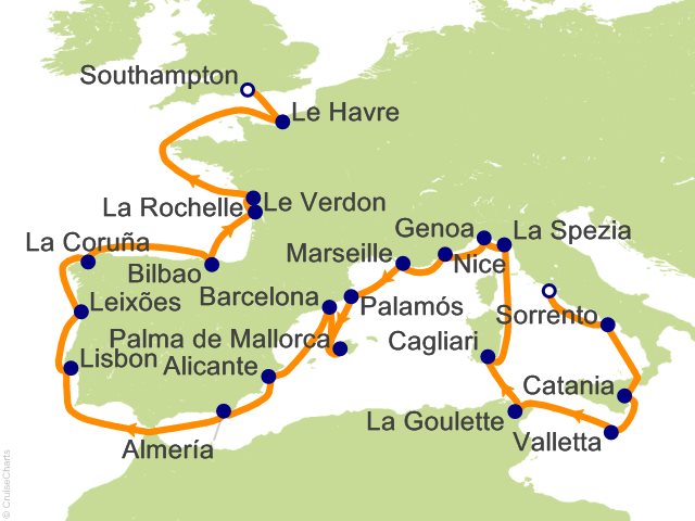 Itinerary Map for Oceania Cruises Voyage ID VIS280423A