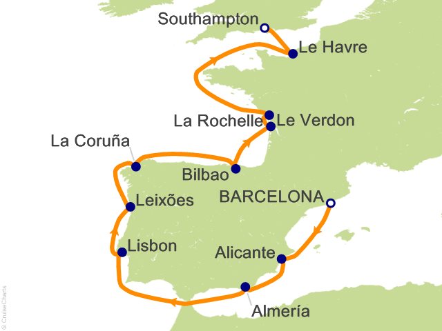 Itinerary Map for Oceania Cruises Voyage ID VIS280507