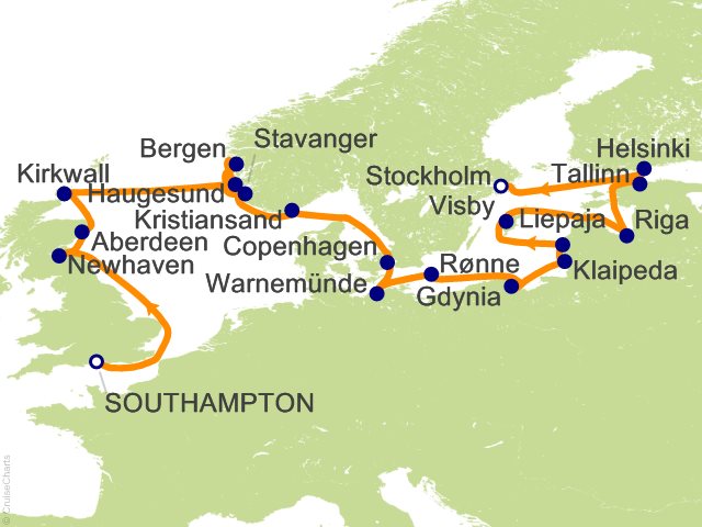 Itinerary Map for Oceania Cruises Voyage ID VIS280612A