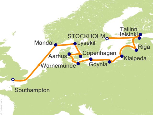 Itinerary Map for Oceania Cruises Voyage ID VIS280705