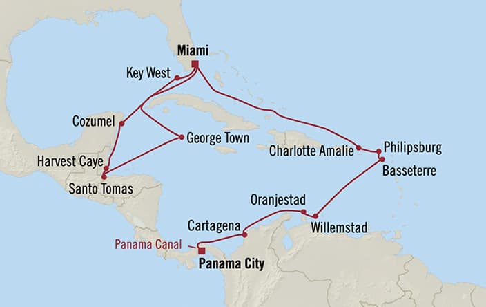 Itinerary map for Oceania Vista voyage VIS281228A