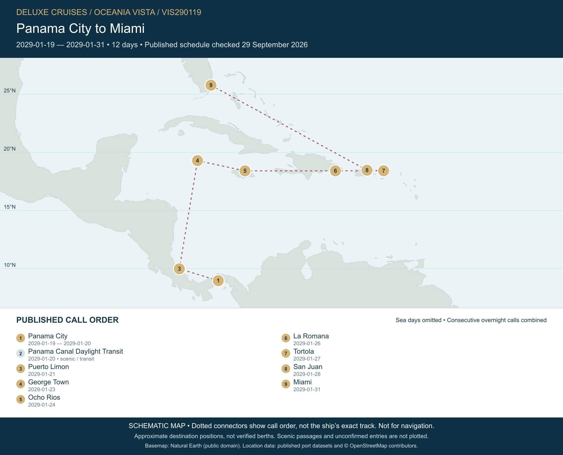 Schematic route map for Oceania Vista Voyage VIS290119: Panama City to Miami, January 19 2029 – January 31 2029