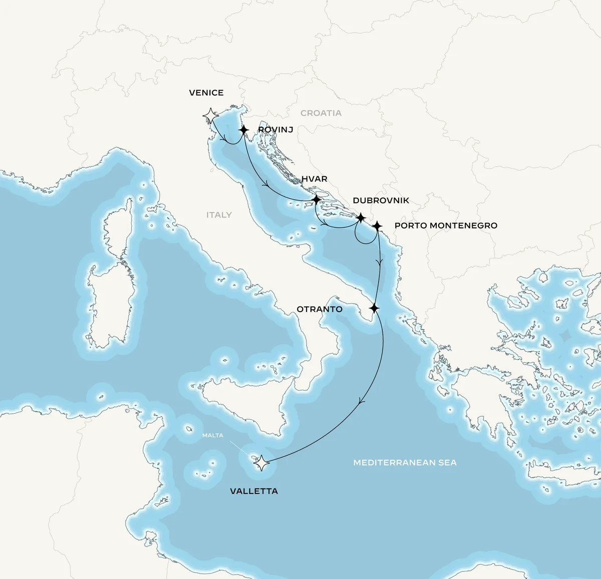 Orient Express Corinthian route map from Venice (Fusina), Italy to Valletta, Malta, September 6-13, 2026, voyage CO260906VCEMLA