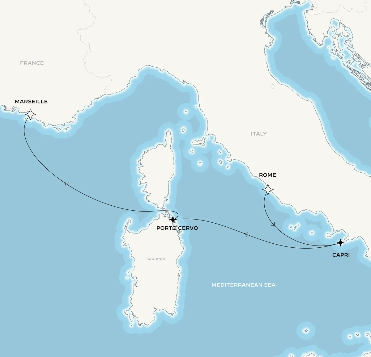 Orient Express Corinthian route map from Rome (Civitavecchia), Italy to Marseille, France, September 16-20, 2026, voyage CO260916CVVMRS