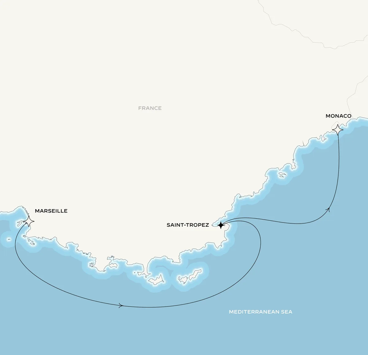 Orient Express Corinthian route map from Marseille, France to Monte-Carlo, Monaco, September 30-October 3, 2026, voyage CO260930STPMRS