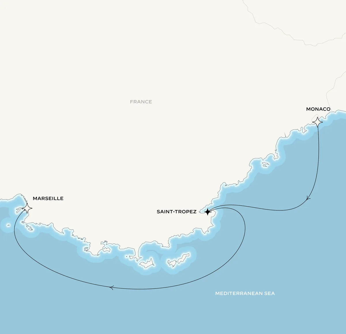 Orient Express Corinthian route map from Monte-Carlo, Monaco to Marseille, France, October 3-5, 2026, voyage CO261003MONMRS
