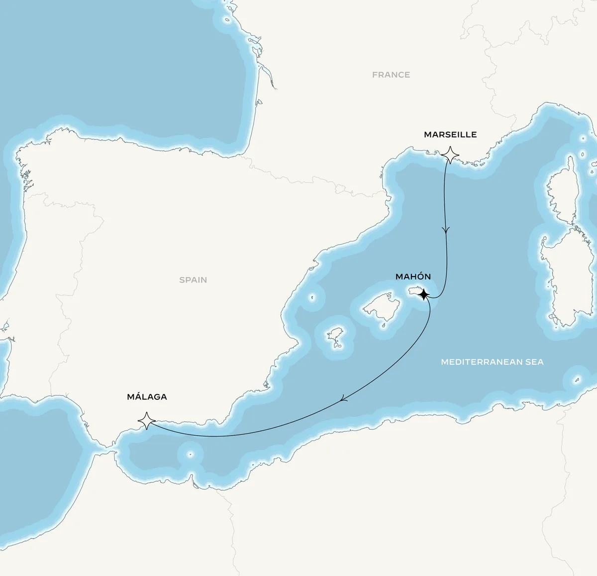 Orient Express Corinthian route map from Marseille, France to Málaga, Spain, October 5-9, 2026, voyage CO261005MRSLIS