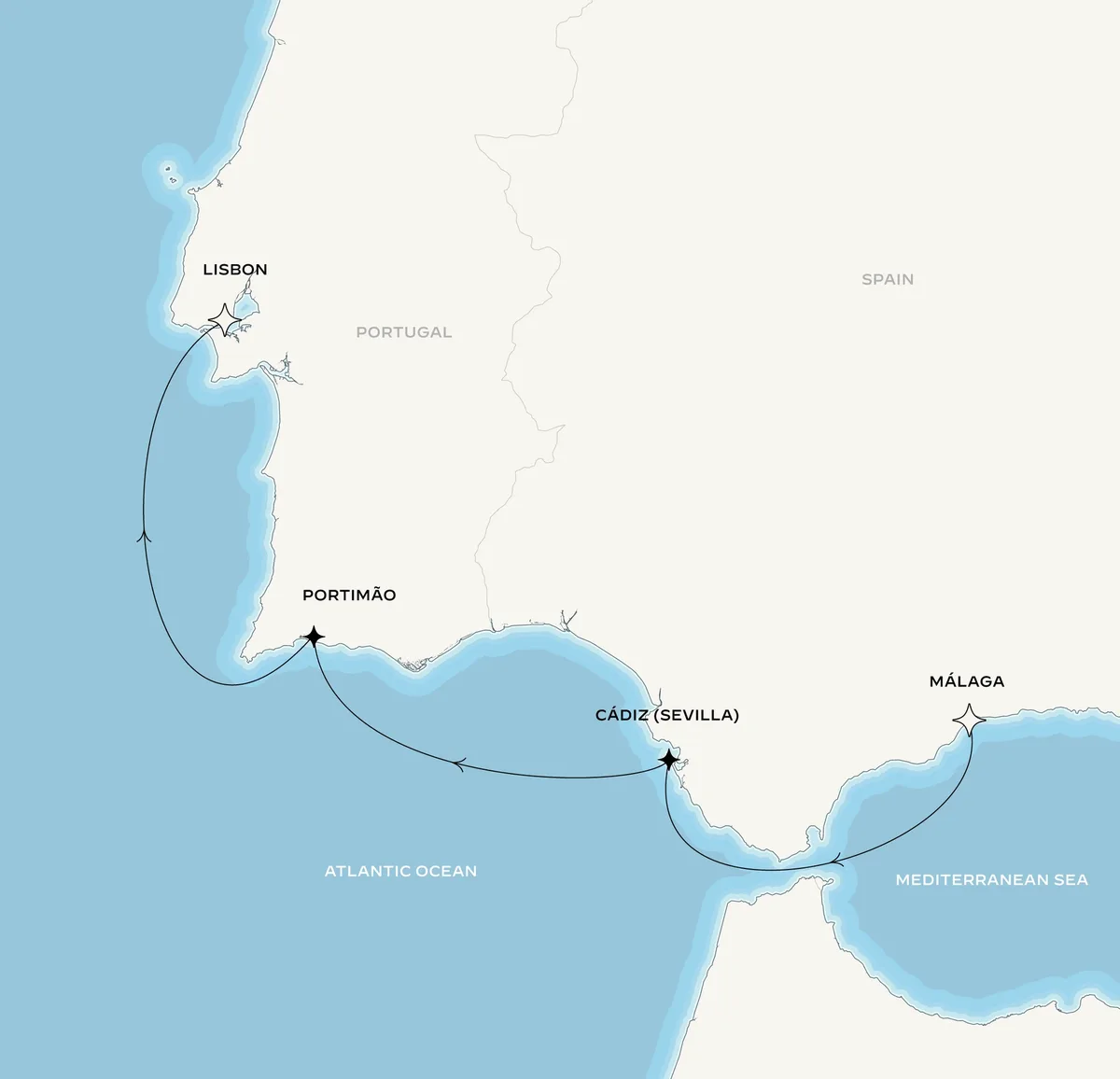 Orient Express Corinthian route map from Málaga, Spain to Lisbon, Portugal, October 9-12, 2026, voyage CO261009AGPLIS