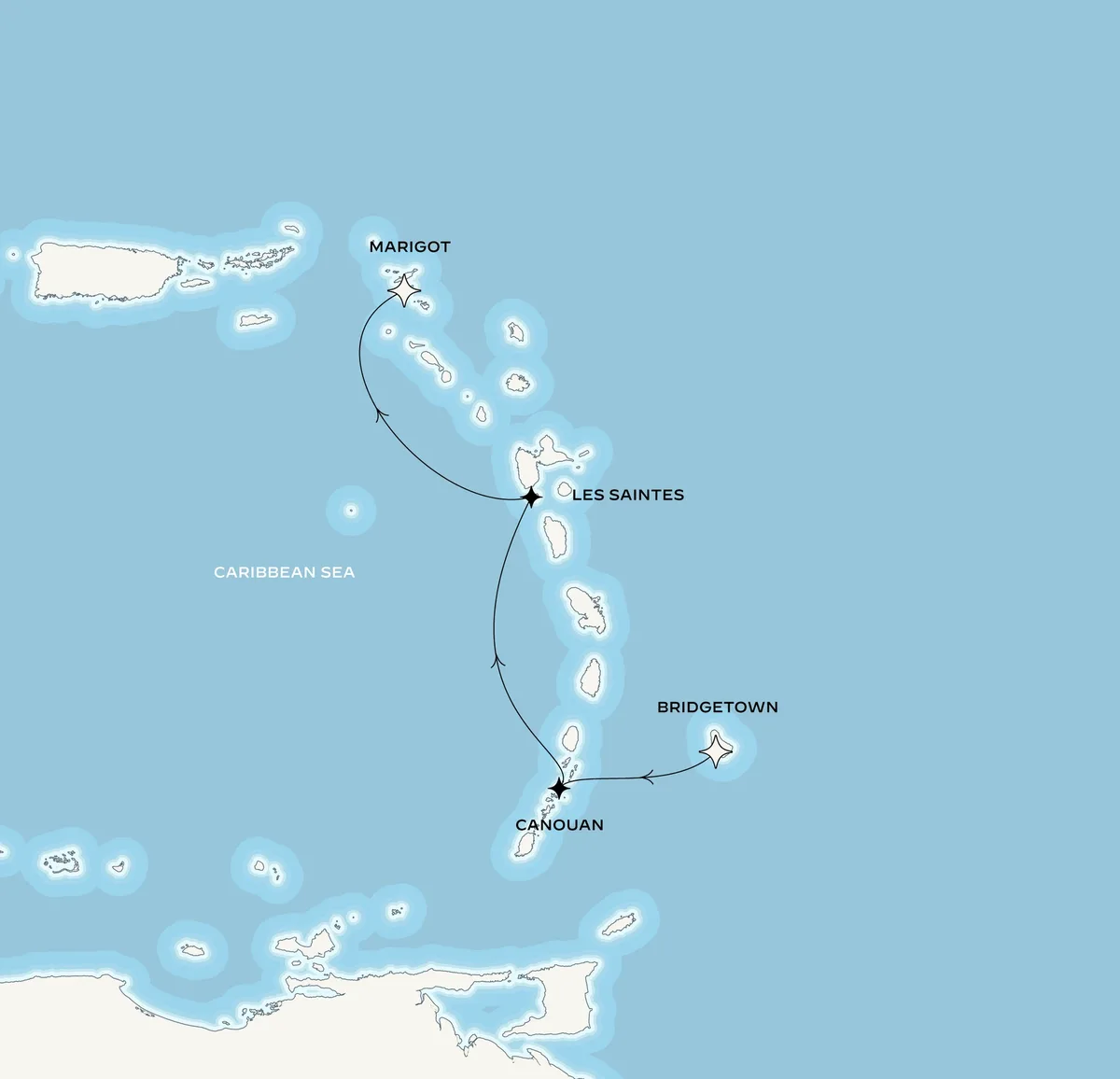 Orient Express Corinthian route map from Bridgetown, Barbados to Marigot, Saint-Martin, November 21-25, 2026, voyage CO261121BGIMAR