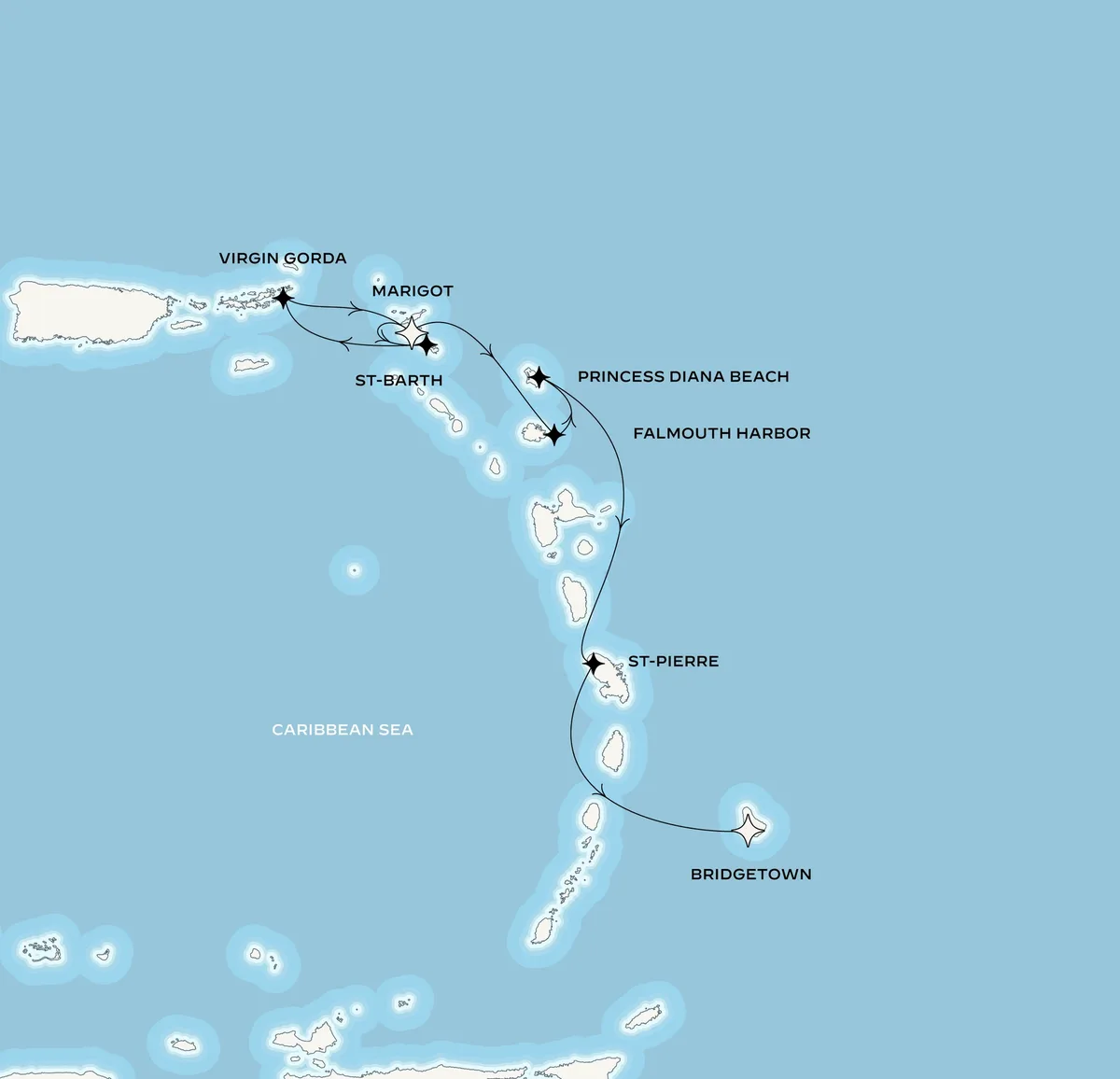 Orient Express Corinthian route map from Marigot, Saint-Martin to Bridgetown, Barbados, November 28-December 5, 2026, voyage CO261128MARBGI