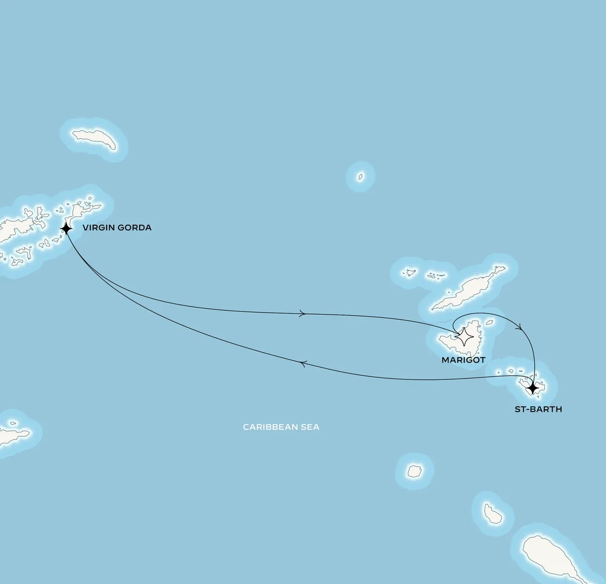 Orient Express Corinthian route map from Marigot, Saint-Martin to Marigot, Saint-Martin, November 28-December 1, 2026, voyage CO261128MARMIA